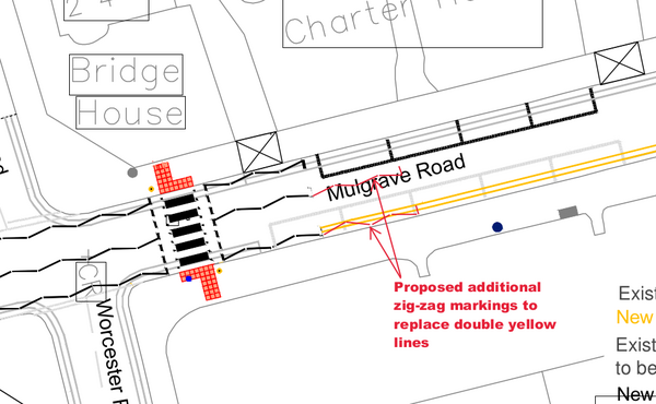The photo for Mulgrave Road Junction with Bridge Road & Worcester Road - Zebra Crossing.