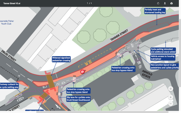 The photo for Tanner St./ Druid St. Link to (proposed) Cycle Superhighway 4 (from Quietway14).
